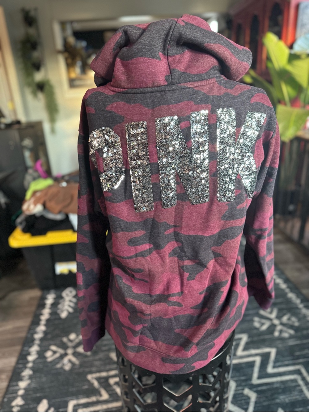 Victoria's Secret PINK Girls' Maroon and Black Camo Sequin Logo Hoodie